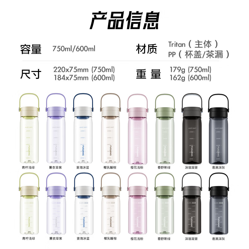 富光太空杯 Tritan材质耐高温大容量便携水杯 刻度密封运动户外塑料杯 【Tritan材质】大容量便携600ml-岩黑深灰