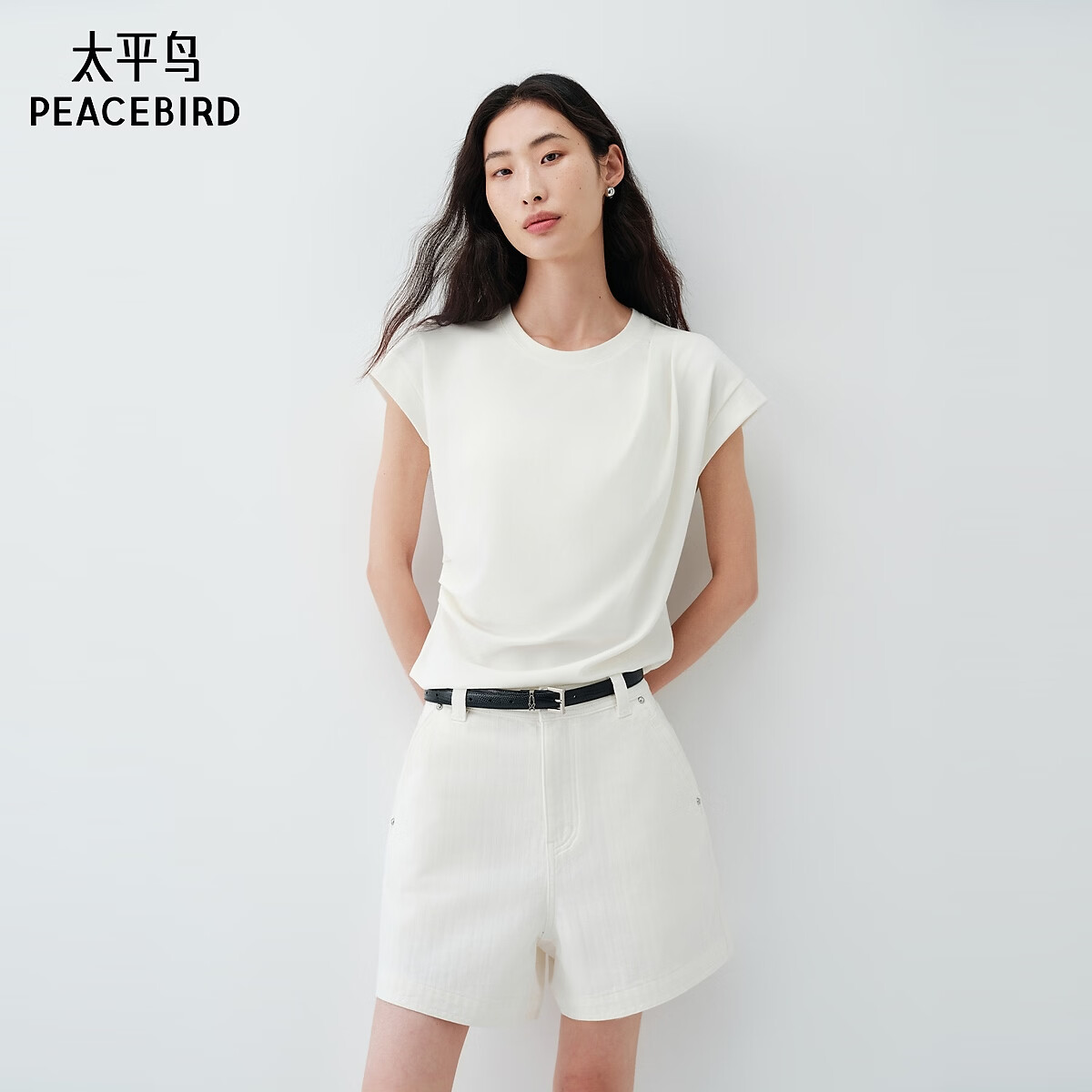 太平鸟女装T恤【5A抗菌】腰部捏褶显瘦短袖夏小飞袖上衣 白色 M