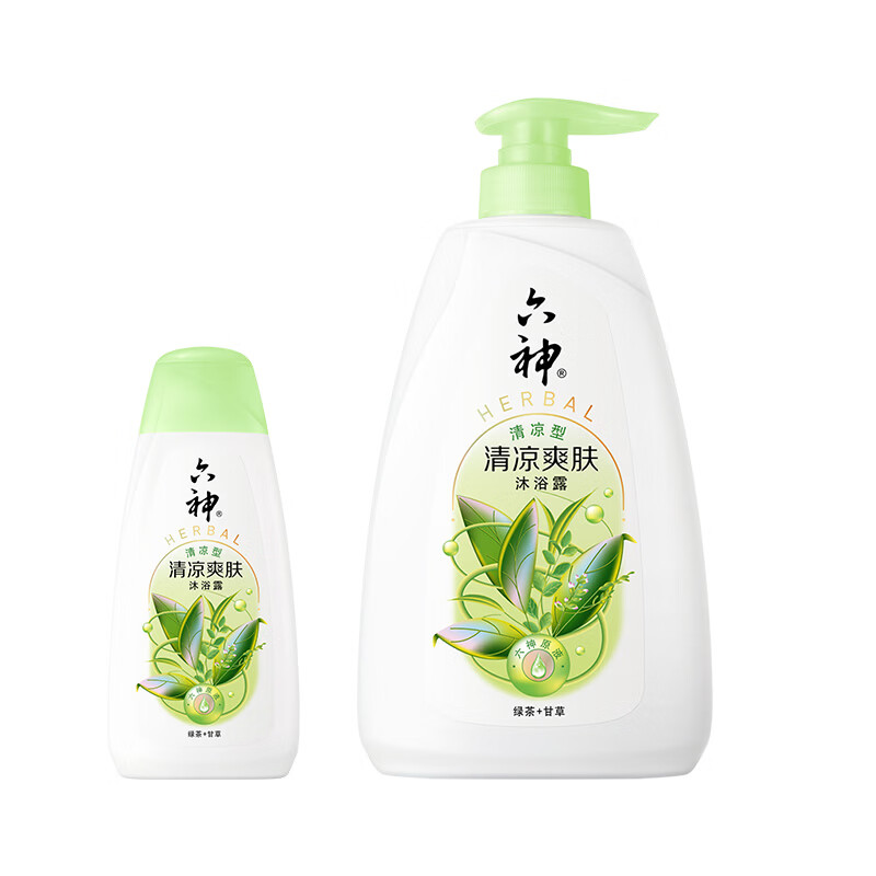 六神清凉爽肤沐浴露清爽控油持久留香男女家庭【绿茶+甘草】 清凉爽肤650g+180