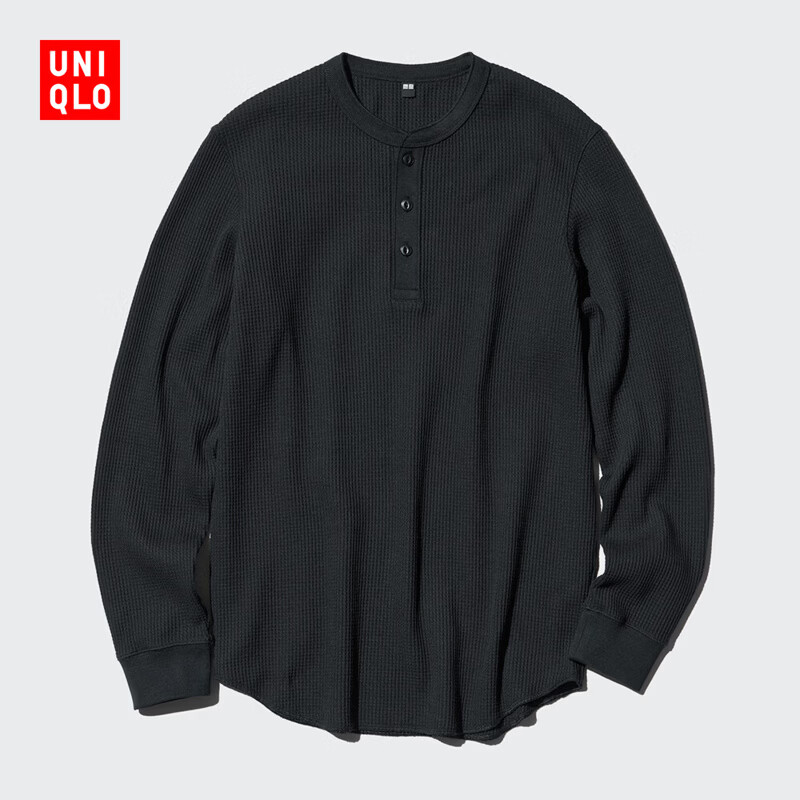 优衣库男女装华夫格亨利领套头衫长袖T恤纯色休闲475353 469924 469924/01乳白色 3XL