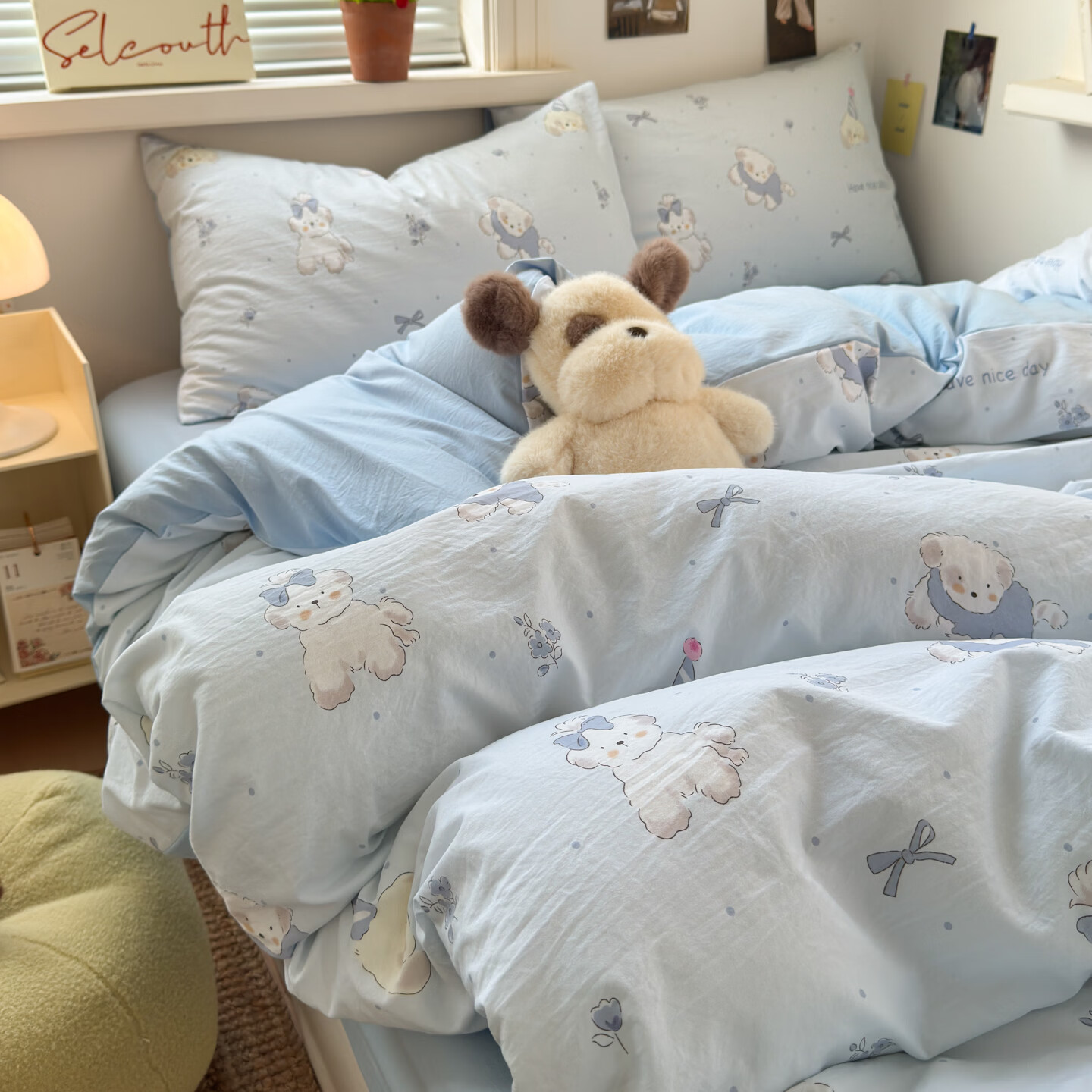 雅鹿小清新超柔水洗棉四件套亲肤透气宿舍单人三件套云柔棉4件套 小暖狗 2.0m四件套 床单款 （被套200*230cm）