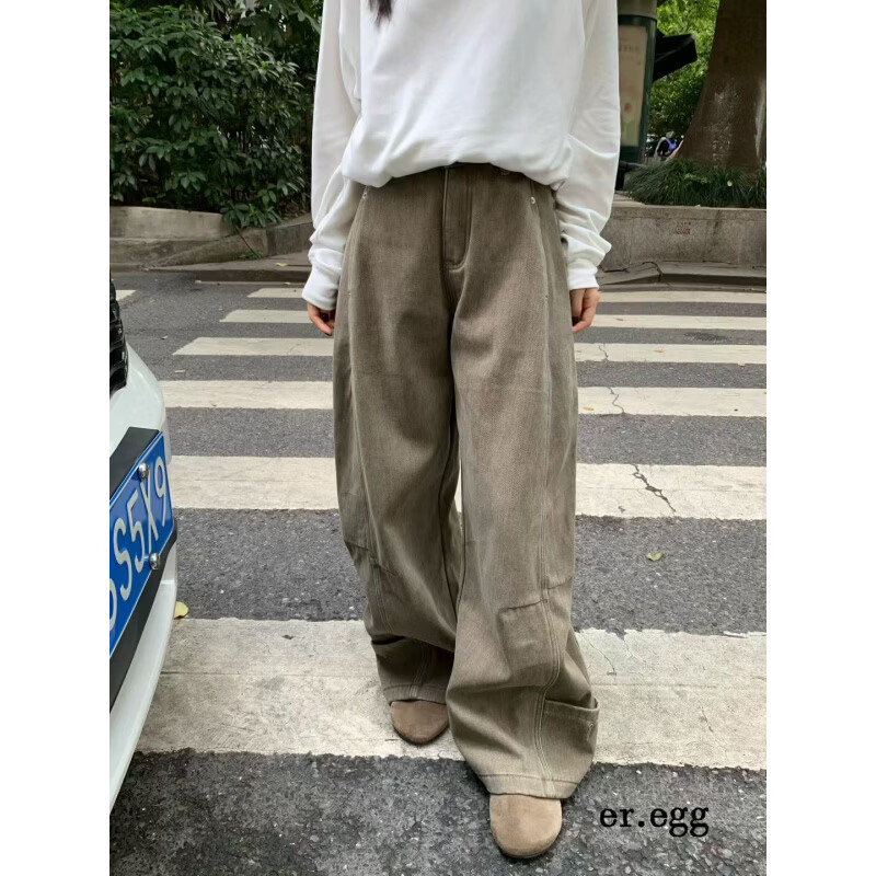 MODX春款宽松慵懒工装牛仔裤百搭显瘦休闲弯刀裤女 卡其色 S