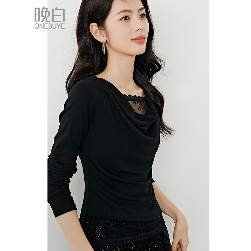 晚白【新品】2026年春款时尚拼接堆堆领上衣亲肤柔软修身舒适打底衫女 黑色 XL
