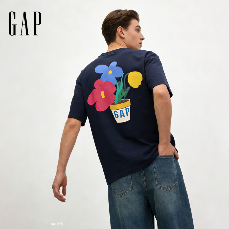 盖璞Gap男女装2026春季新款纯棉logo创意印花宽松短袖T恤上衣883713 海军蓝 L (175/96A)亚洲尺码