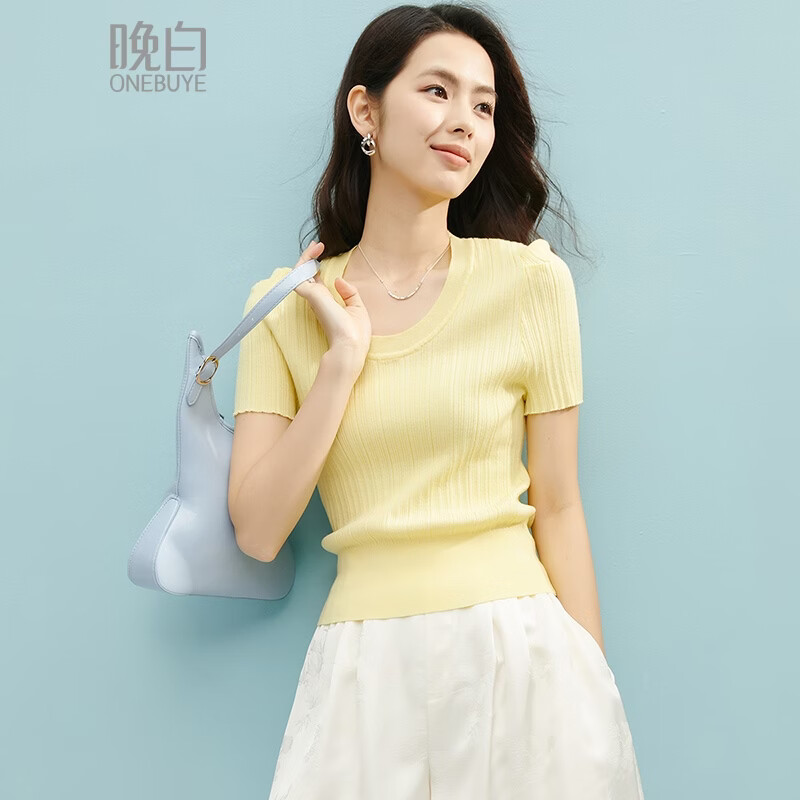 晚白【新品】2026年春款时尚圆领上衣亲肤莱赛尔高弹针织短袖女 黄色 S