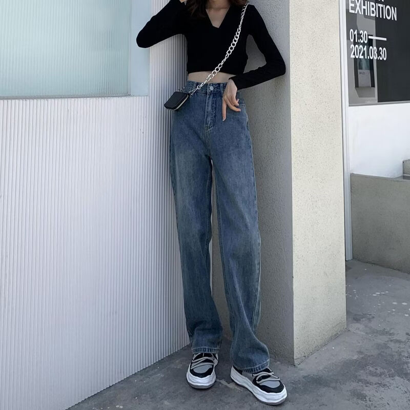 蝴蝶曼复古直筒牛仔裤女2026夏季宽松高腰显瘦百搭休闲长裤子 蓝色 L