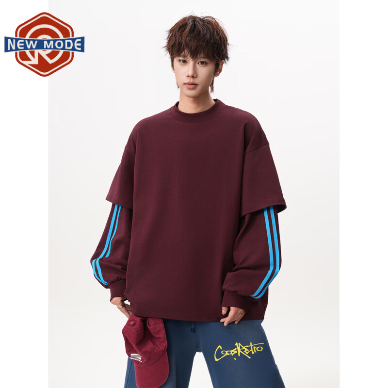 NEW OR MODE假两件拼接条纹长袖t恤男春季新款高街套头卫衣复古休闲运动打底 酒红色【高品质】 4XL 【建议180-205斤】