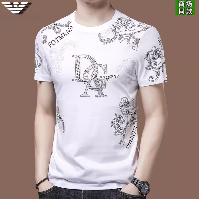 阿玛尼（ARMANI）2026新款桑蚕丝短袖t恤男夏季薄款T恤圆领高端T恤男装潮 22014白色 4XL 190（建议200-220斤）