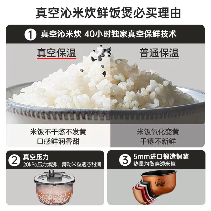 东芝（TOSHIBA）【官方旗舰店】电饭煲 【沁米炊】真空压力鲜饭煲3L家用4-5人 日本进口铜釜电饭锅   黑色 3L 【真空压力】锁鲜电饭煲RC-10ZWSC