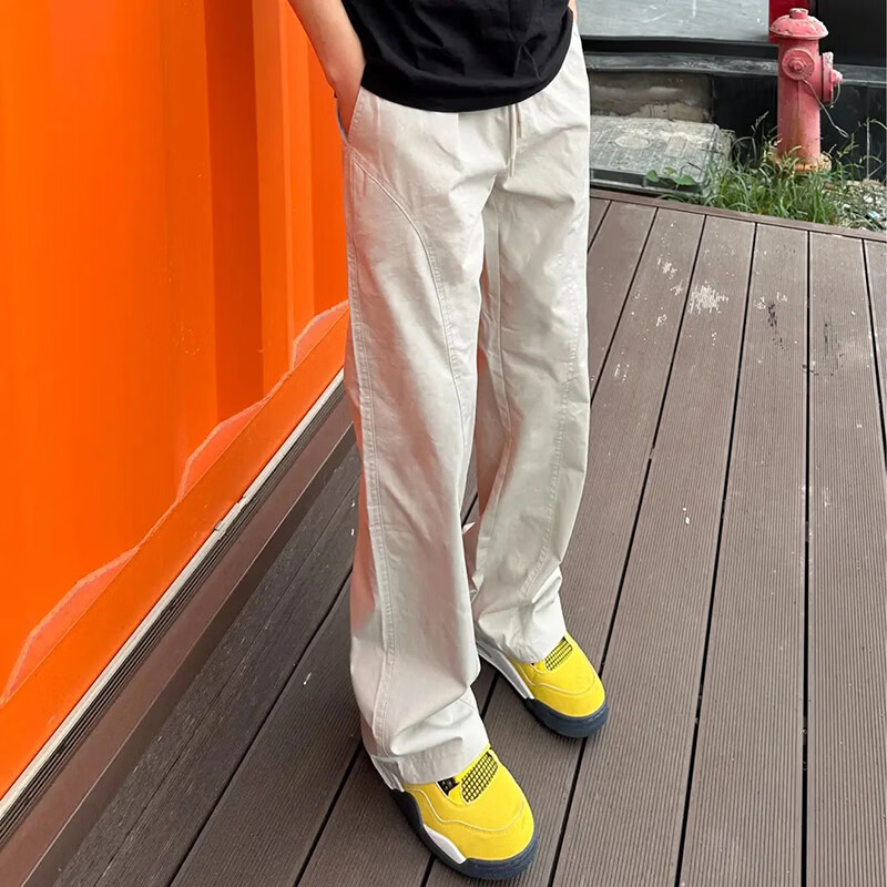 2026美式斜切百搭休闲裤男春秋显瘦显高潮流宽松直筒工装微喇长裤 浅卡其 3XL 建议170-185斤