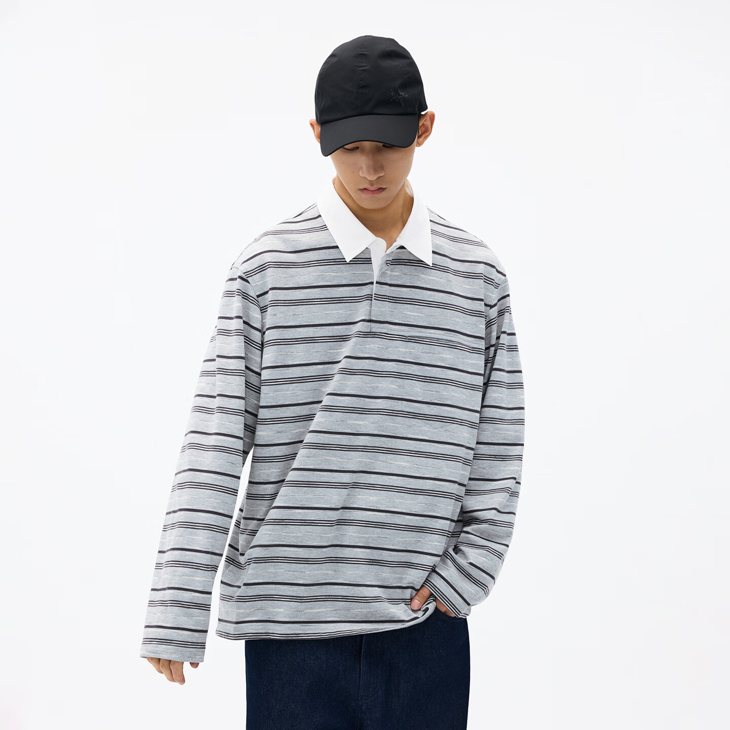 熊猫·本（ben.panda）休闲撞色条纹拼接polo领长袖T恤男宽松上衣2026春季新款 灰色条纹 S