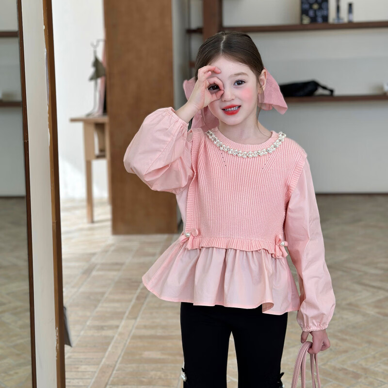 栀了成长记童装女童假两件拼接衬衫2026春季儿童韩版可爱钉珠上衣 粉色 衬衫 140 cm