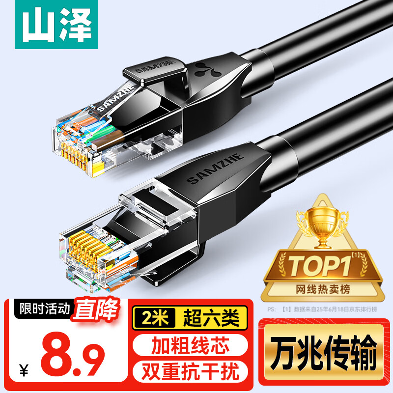 山泽超六类网线 2米 CAT6A类万兆成品网线家用电脑网络宽带工程跳线8芯双绞兼容千兆带双接头黑 D6A020
