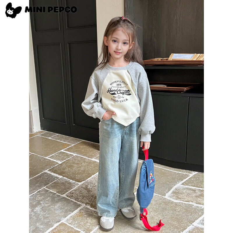 小猪班纳（PEPCO）女童宽松假两件卫衣春秋新款儿童宝宝长袖印花复古外穿上衣潮 花灰/米白 170 *建议身高155-165