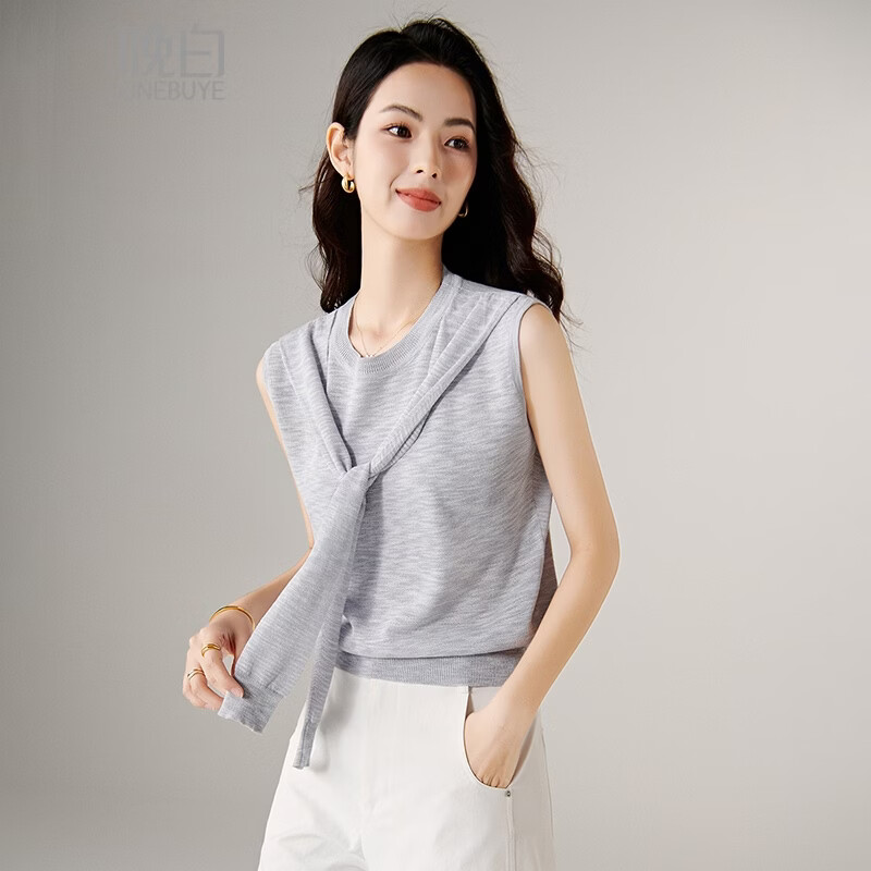 晚白【新品】2026年夏款时尚围巾领休闲上衣弹力舒适亲肤无袖针织衫女 花灰色 S