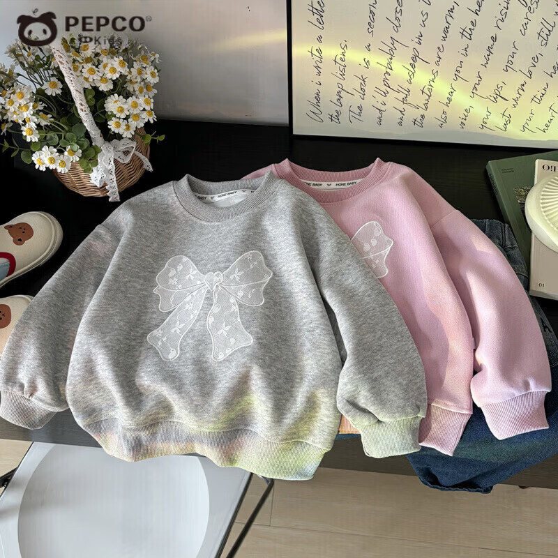 小猪班纳（PEPCO）女童卫衣秋季新款蕾丝蝴蝶结圆领宽松舒适儿童打底衫上衣女孩童装 KS9蕾丝蝴蝶结卫衣-灰色 150 (建议身高135-145cm)