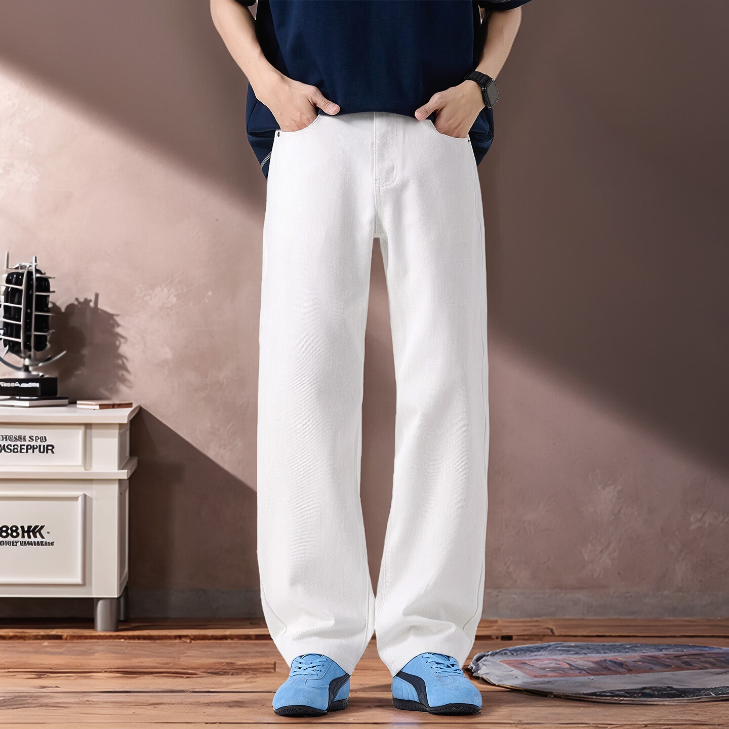 美式重磅cleanfit白色牛仔裤男直筒宽松百搭四面弹阔腿春夏休闲裤 米白 8707 36  建议186-195斤