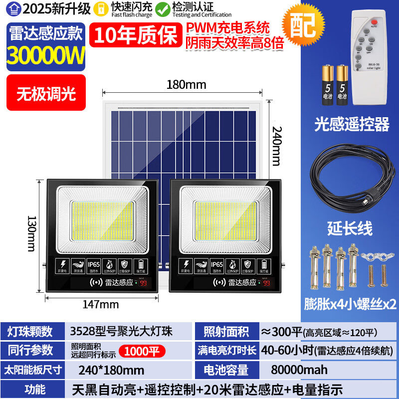 欧普锐庭院灯家用室内照明太阳能灯一拖二感应防水农村超亮大功率户外灯 【今日秒杀】30000W一拖二高亮感应【照401