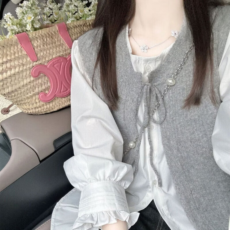 乖米豆套装/单件法式中国风复古开衫针织背心马甲毛衣女春季+泡泡袖衬衫 【单件】泡泡袖衬衫 M 建议91-105斤