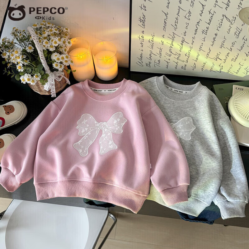 小猪班纳（PEPCO）女童卫衣秋季新款蕾丝蝴蝶结圆领宽松舒适儿童打底衫上衣女孩童装 KS9蕾丝蝴蝶结卫衣-灰色 150 (建议身高135-145cm)