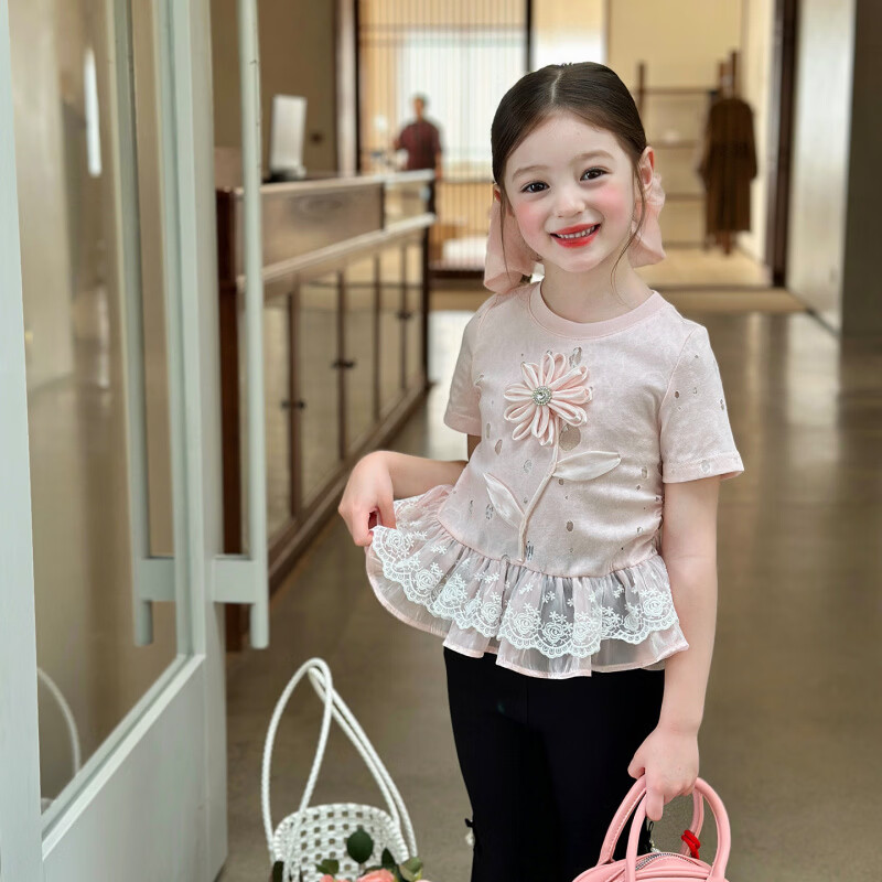 栀了成长记童装女童韩版荷叶边蕾丝上衣2026春季儿童甜美短袖T恤 粉色 上衣 130 cm