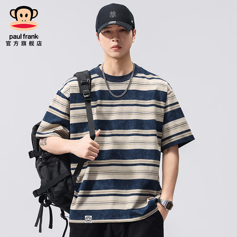 大嘴猴（paul frank）条纹短袖T恤男夏季新款潮牌宽松休闲百搭圆领舒适简约透气上衣 藏青色 【官方正品】 L 【建议130-150斤】