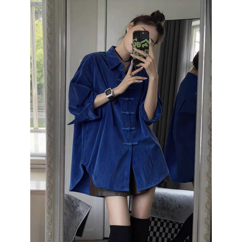 MODX专柜撤回克莱因蓝衬衫新中式国风灯芯绒上衣改良汉服唐装盘扣衬衣 克莱因蓝灯芯绒衬衫 XL 125-140