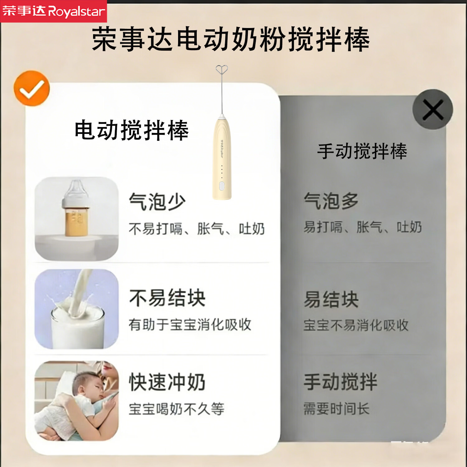 荣事达（Royalstar）电动奶粉搅拌棒婴幼儿搅奶棒不结块打奶粉专用辅食米糊神器摇奶棒 【三档调节】304不锈钢棒头-不结块不起泡