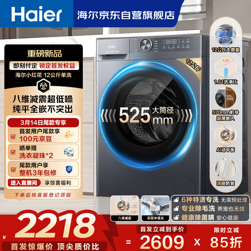 海尔（Haier）滚筒洗衣机单洗全自动家用 12公斤超薄大容量 京东自营XQG120-L52D1 以旧换新一级能效出租房