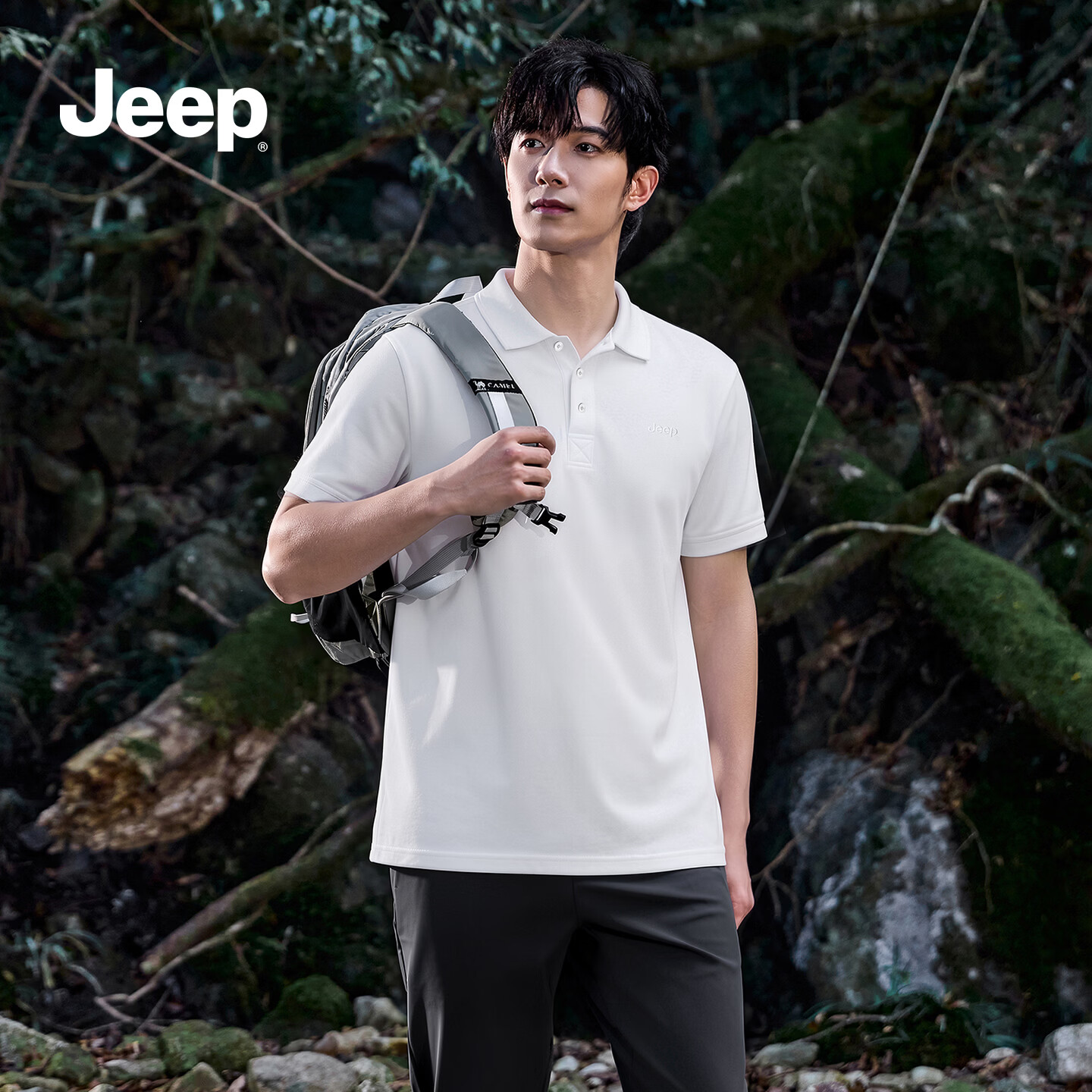 JEEP吉普时尚男装2026年夏季款凉感透气防晒短袖T恤男Polo商务休闲衫 米白色 /男女同款 L (175/92A)