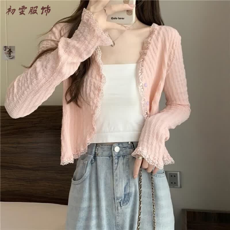 美安嘉蕾丝百搭遮阳针织开衫女装夏季外搭V领设计感小众独特别致小上衣 粉红色 L