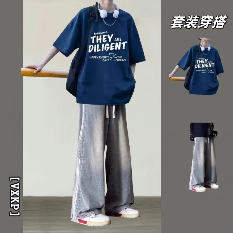 森马（Semir）夏季潮牌短袖套装男士潮流新款男生酷帅搭配一套纯棉T恤衣服夏天 【套装】抱抱熊藏青短+三杆蓝牛仔 S