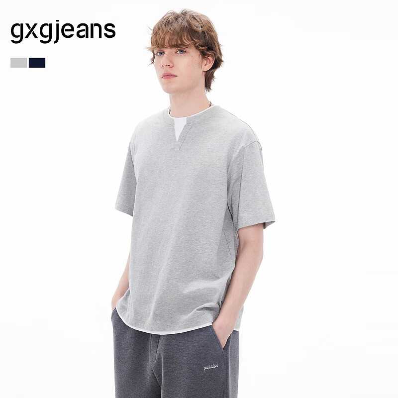 gxgjeans男装  假两件拼接简约休闲短袖T恤男生上衣 26夏新品 灰色 L (175)