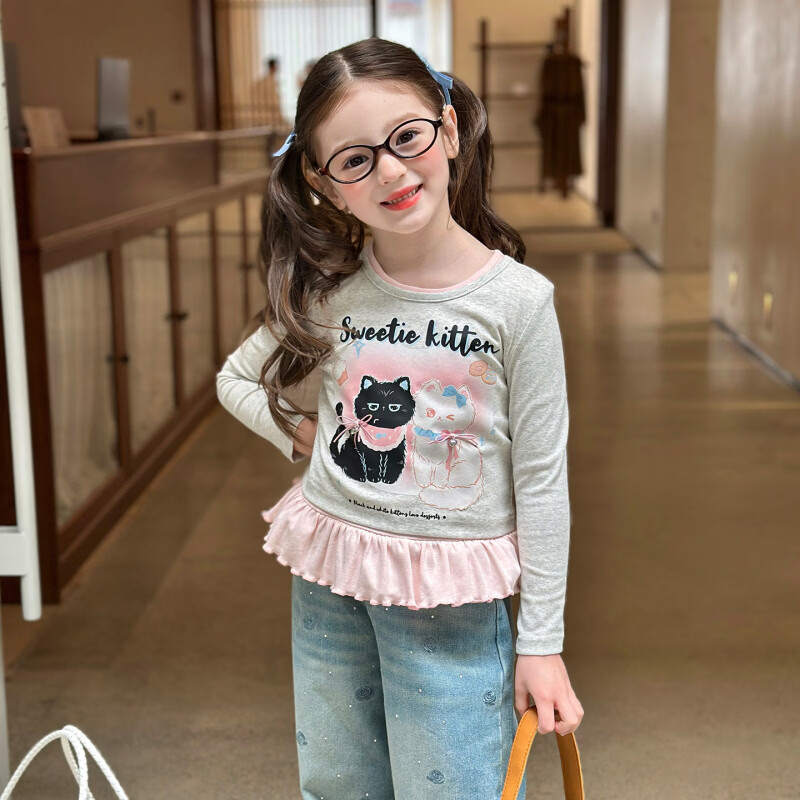 栀了成长记童装女童可爱印花长袖上衣2026春季儿童假两件修身T恤 灰色 上衣 150 cm