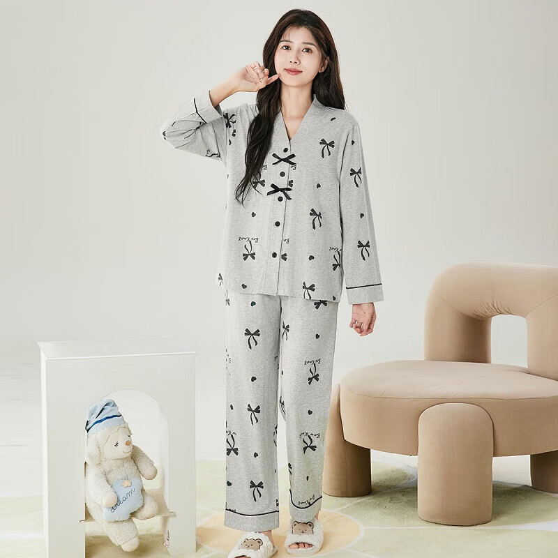 芬腾睡衣女【纯棉】V领开衫长袖蝴蝶结少女家居服套装 灰色 L