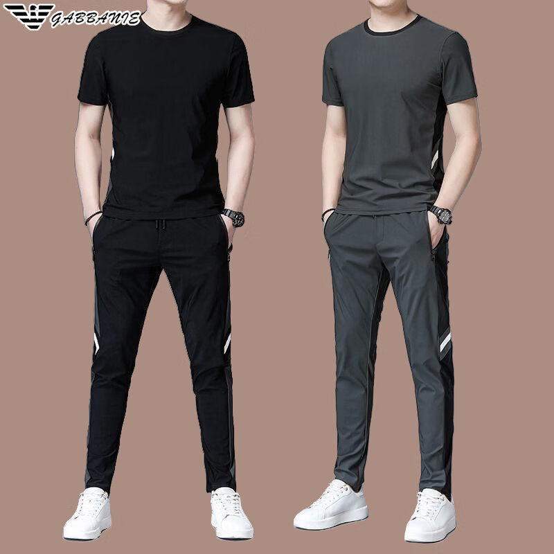 阿玛尼（ARMANI）意大利正品男士休闲运动套装夏季圆领冰丝短袖男T恤中青年两件套 国际一线品牌AG_F9803灰绿_收脚 2XL 180_【建议150-165斤】