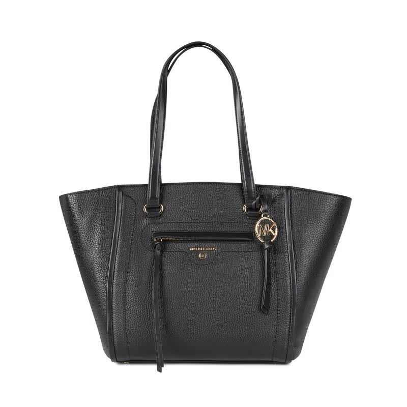 科尔斯(michael kors) mk 字母logo通勤纯色皮质手提包托特包 黑色