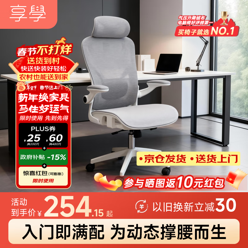 享学电脑椅人体工学电竞椅家用办公椅大双背旋转腰托 XC504甄选款灰色