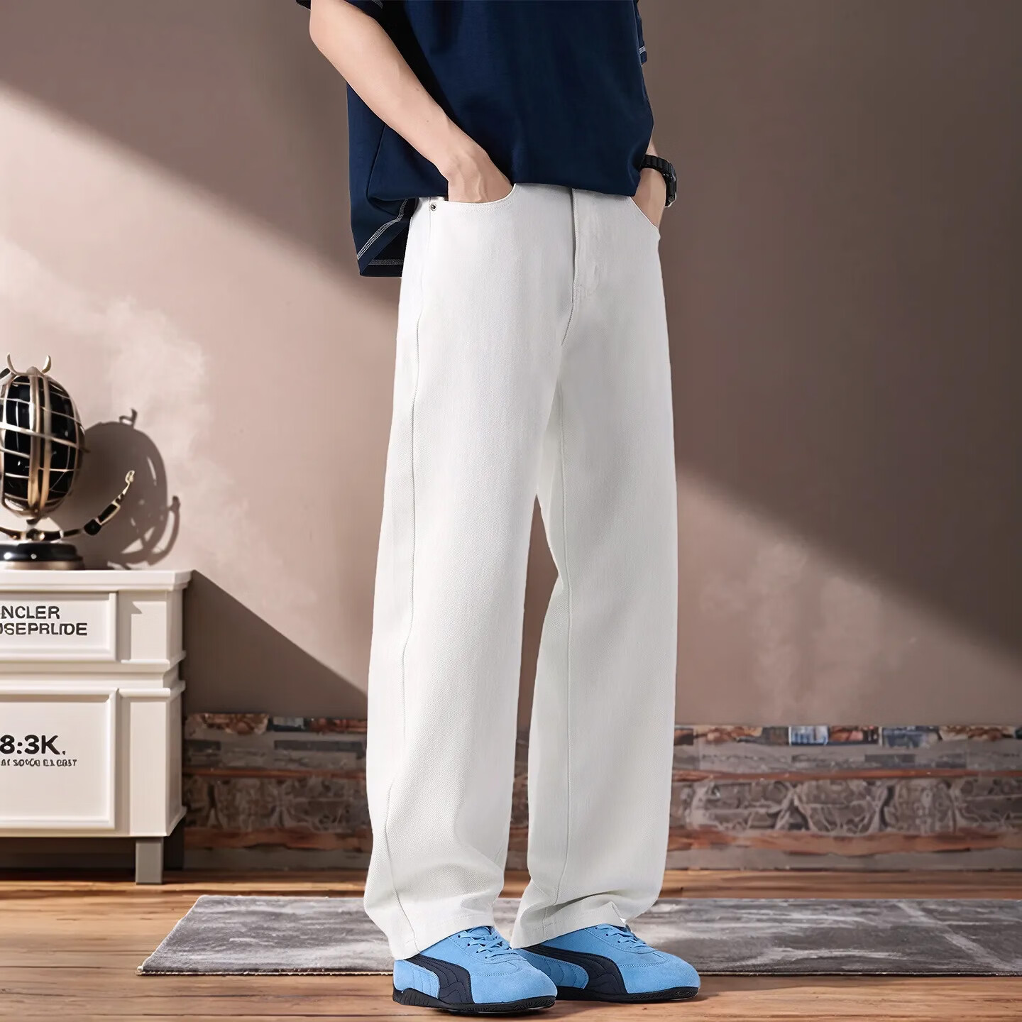 美式重磅cleanfit白色牛仔裤男直筒宽松百搭四面弹阔腿春夏休闲裤 米白 8707 36  建议186-195斤