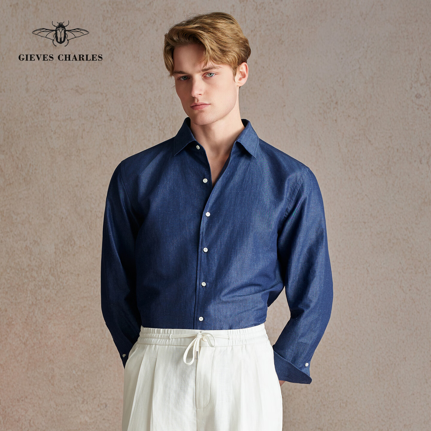 GIEVES CHARLES【26春新品】意式设计感纯棉牛仔衬衫高端商务一片领长袖休闲衬衫 午夜丹宁 42