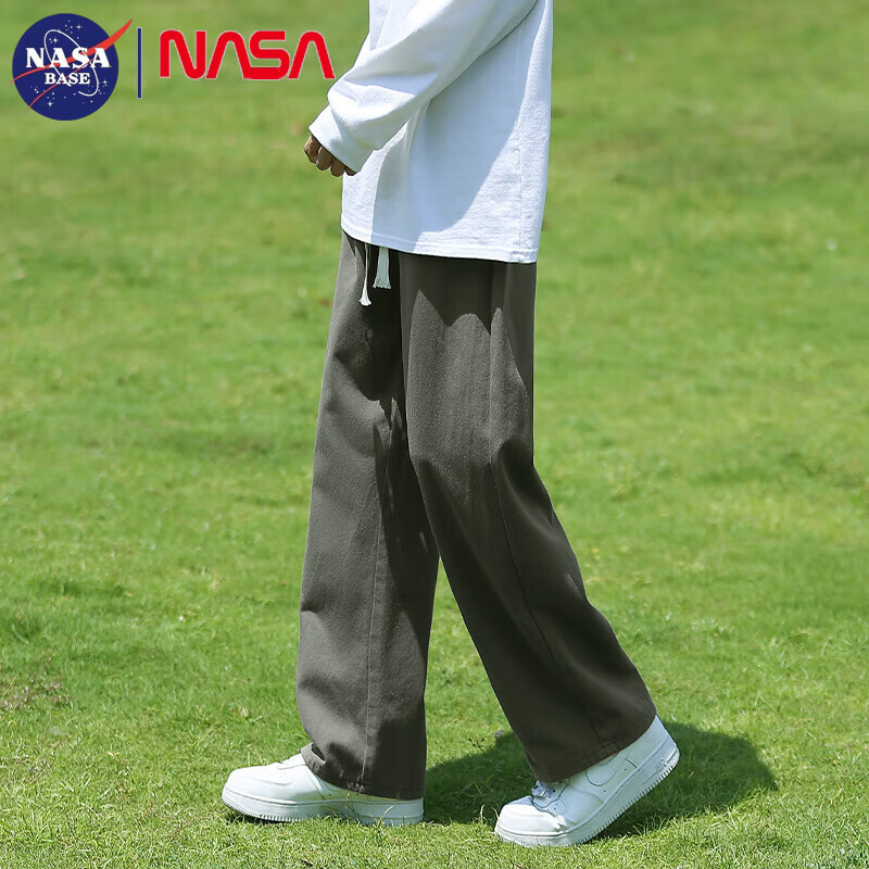 NASA BASE休闲裤男春夏季宽松运动垂感直筒裤男士青年阔腿潮牌百搭工装裤子 军绿 XL （建议125-150斤） 京东折扣/优惠券