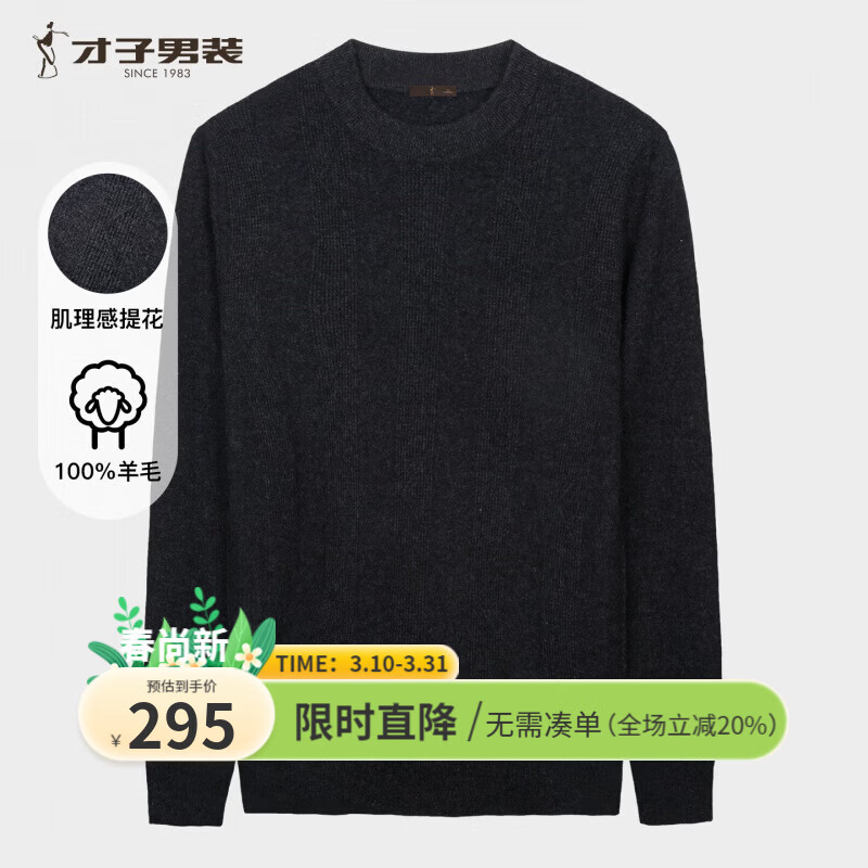 才子（TRIES）【100%纯羊毛】男士羊毛衫秋冬半高领加厚毛衣保暖纯色打底针织衫 黑灰色 M 46 （165/84A）