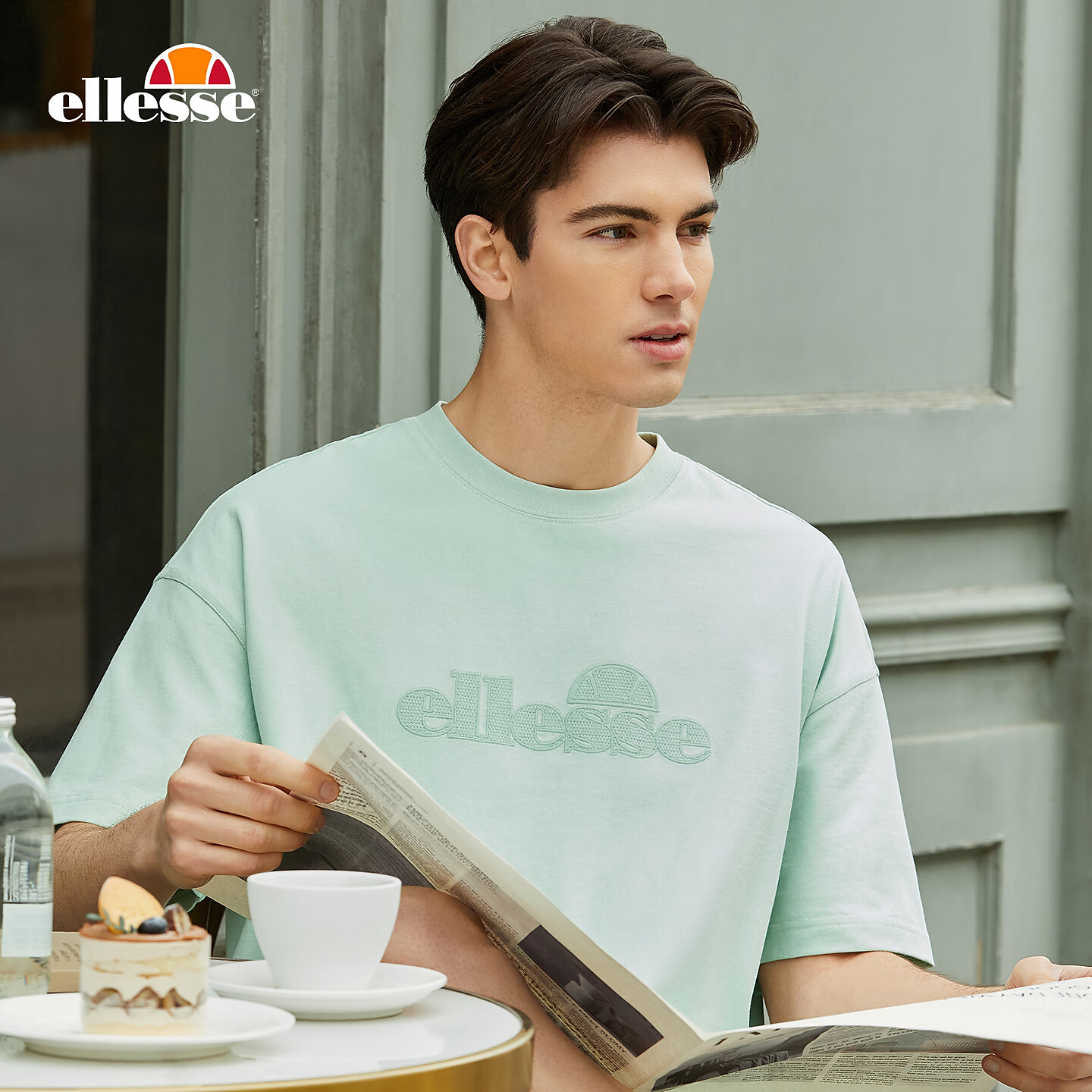 ellesse小贝壳官方T恤男荷曼波刺绣情侣短袖上衣女透气舒适百搭 葱绿色 S