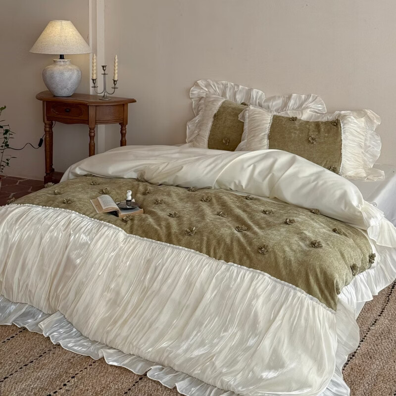 ROLAND LIVE法式公主风长绒棉四件套皱皱纱花边被套全棉女孩子透气床上用品 WL 长绒棉四件套-微光绿 1.5米床 床单款 【被套200*230cm】