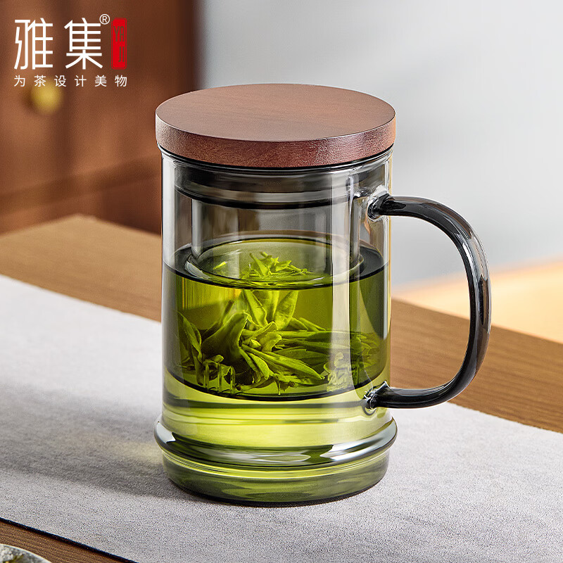 雅集茶具墨竹杯耐热烟灰玻璃杯茶水分离泡茶杯过滤办公家用水杯木盖款