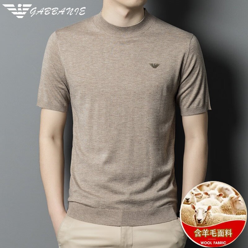 阿玛尼（ARMANI）高端t恤短袖羊毛衫男士薄款毛衣半袖半高领纯色潮流打底针织衫鹰 AG_029#花驼 2XL 185_100A
