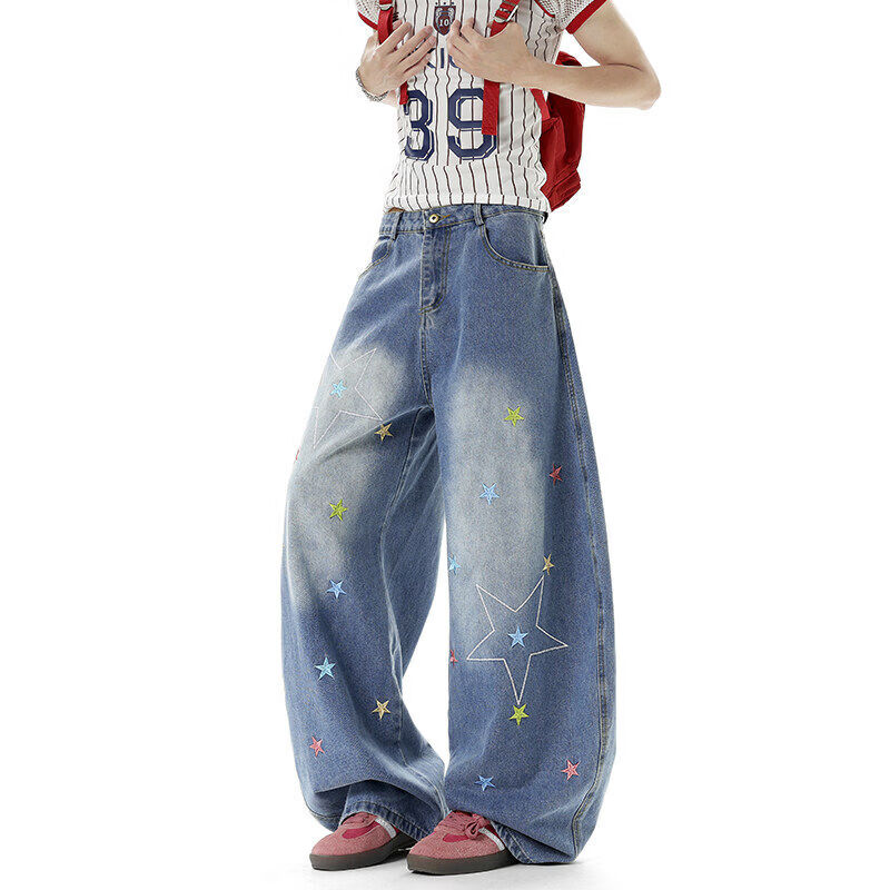 MODX多巴胺星星刺绣弯刀牛仔裤女男夏季覆古做旧阔腿裤宽松百搭休闲 蓝色 S