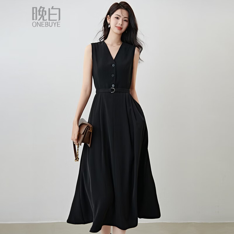 晚白2026春款气质V领系带赫本风小黑裙收腰显瘦高智感穿搭无袖连衣裙 黑色 L