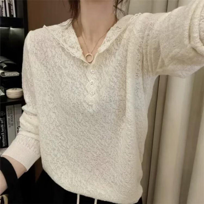GOYN韩系蕾丝连帽白色针织打底衫女春秋新款时尚时髦百搭宽松大码毛衣 米白色 5XL (建议170-185斤)