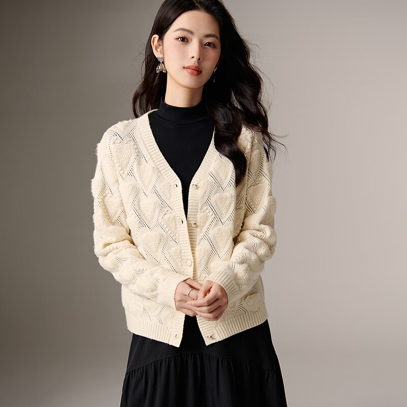 晚白【断码清仓】时尚温柔甜美毛衣含羊毛软糯亲肤针织开衫女 米杏色 M